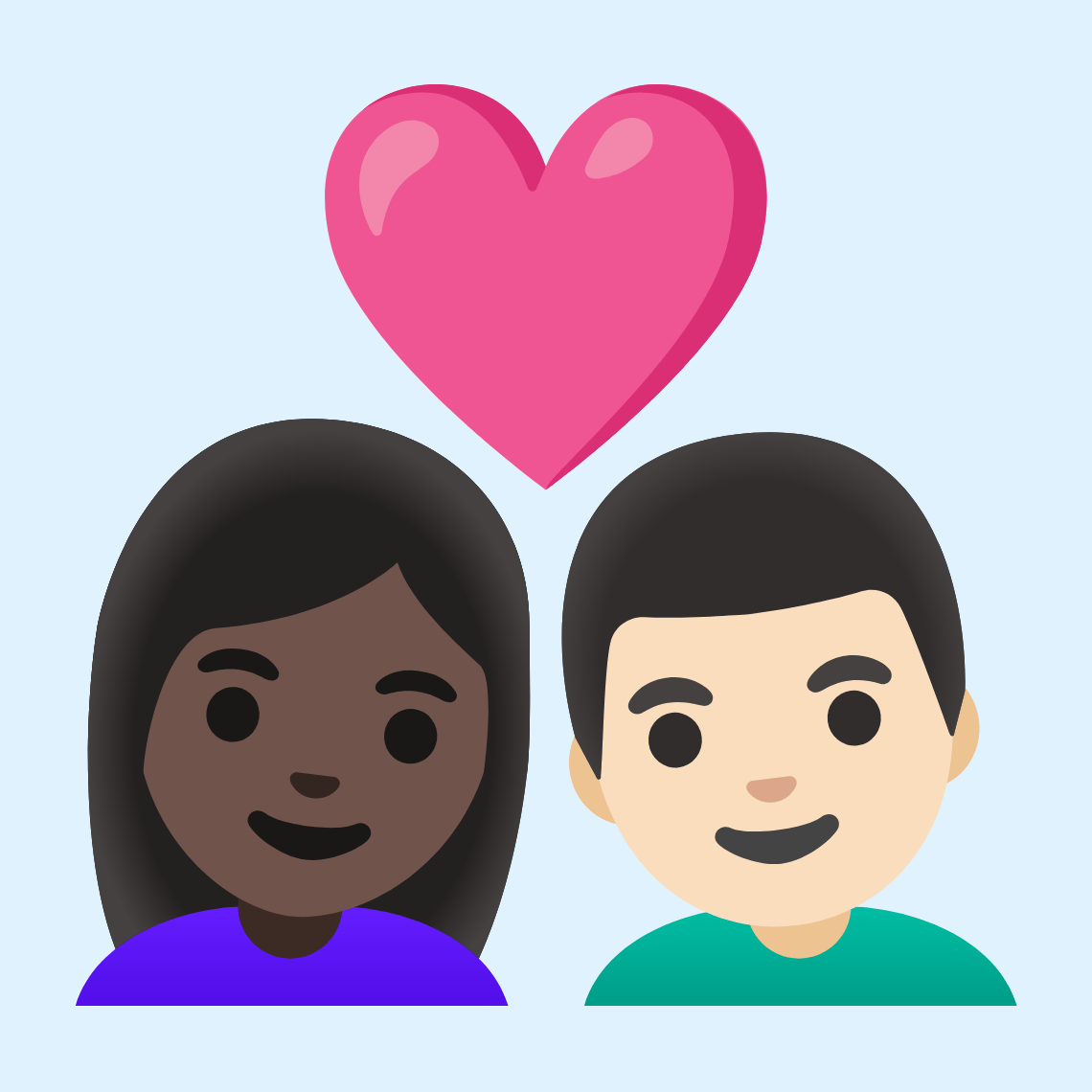 π©πΏββ€οΈβπ¨π» Couple with heart: woman, man, dark skin tone, light skin tone