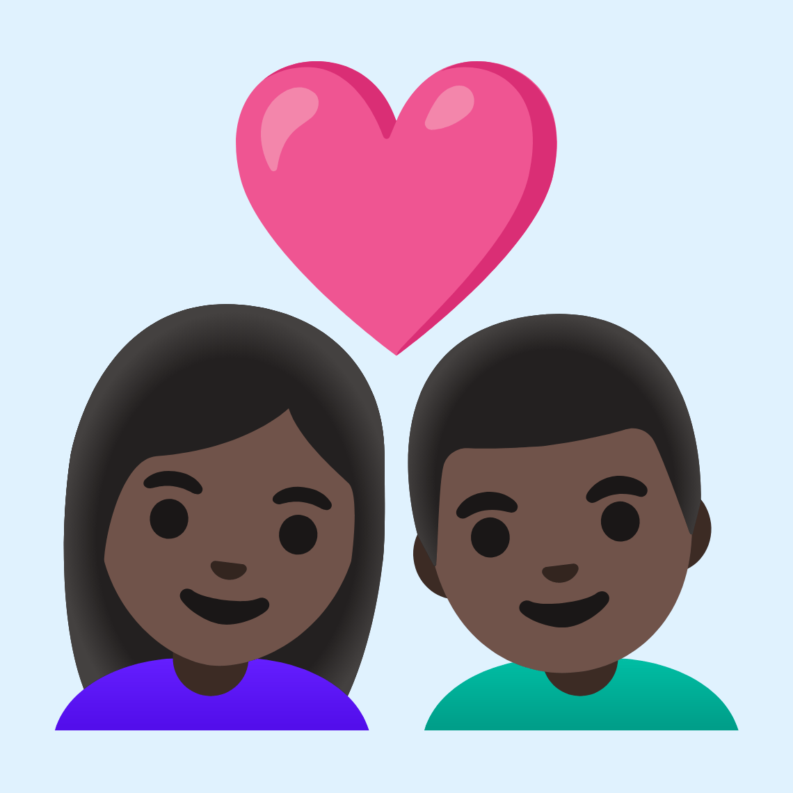 π©πΏββ€οΈβπ¨πΏ Couple with heart: woman, man, dark skin tone