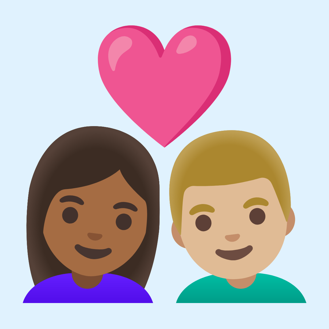 👩🏾❤️👨🏼 Par sa srcem: žena, muškarac, smeđa boja kože i svijetlo maslinasta boja kože