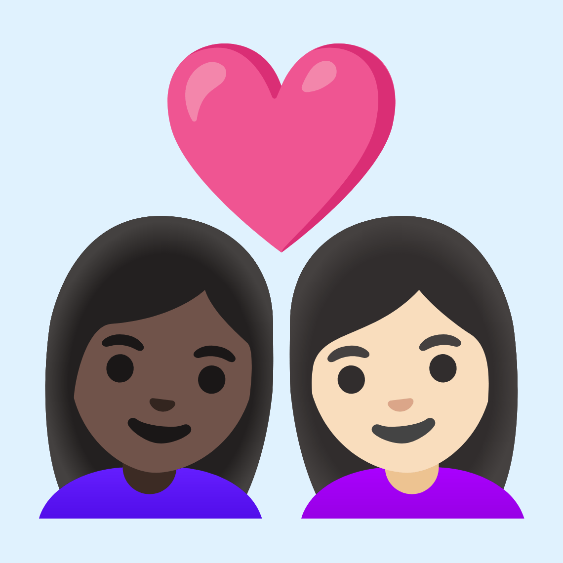 π©πΏββ€οΈβπ©π» Couple with heart: woman, woman, dark skin tone, light skin tone
