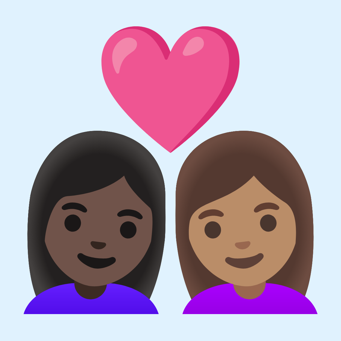 👩🏿❤️👩🏽 Par sa srcem: žena, žena, tamno smeđa boja kože i maslinasta boja kože