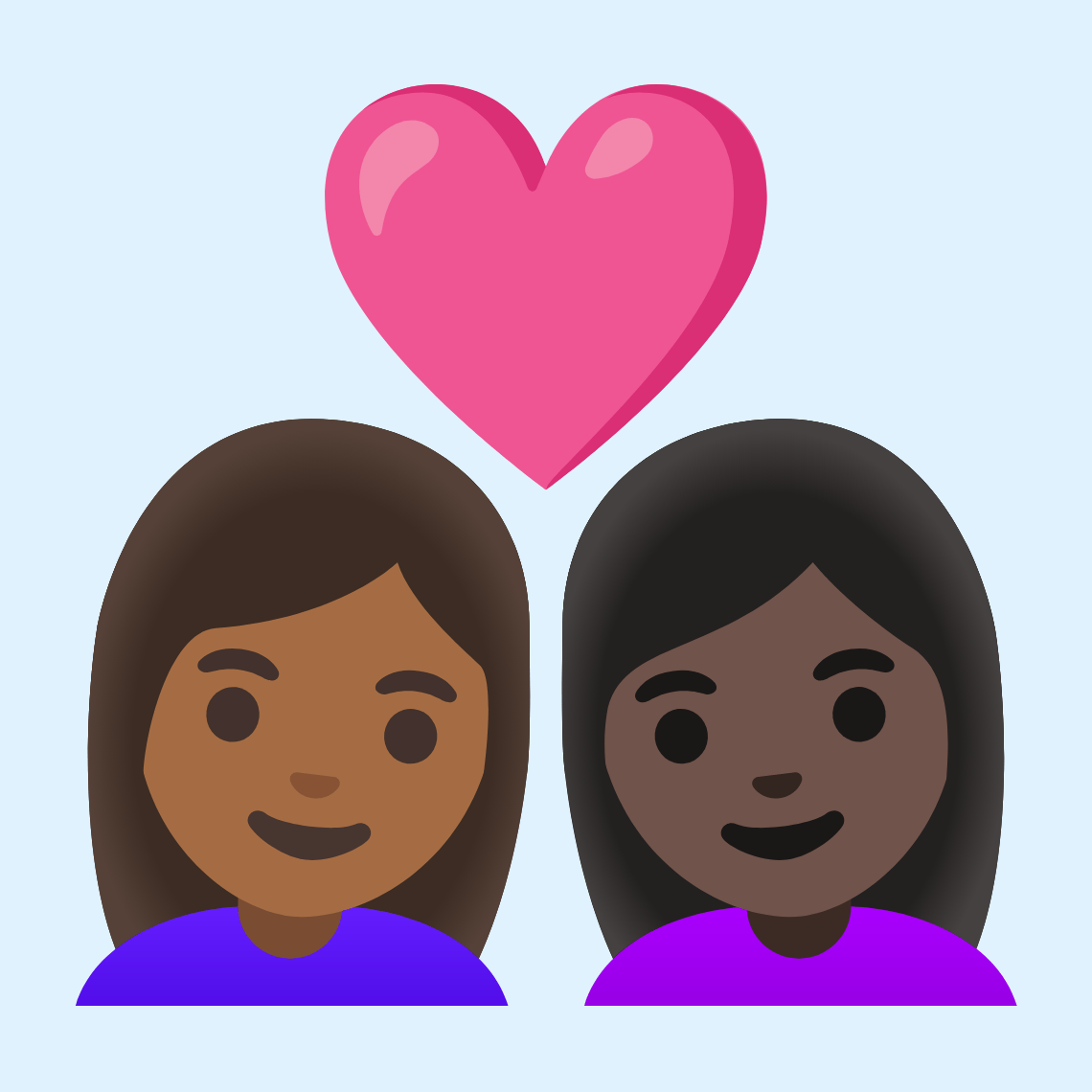 π©πΎββ€οΈβπ©πΏ Couple with heart: woman, woman, medium-dark skin tone, dark skin tone