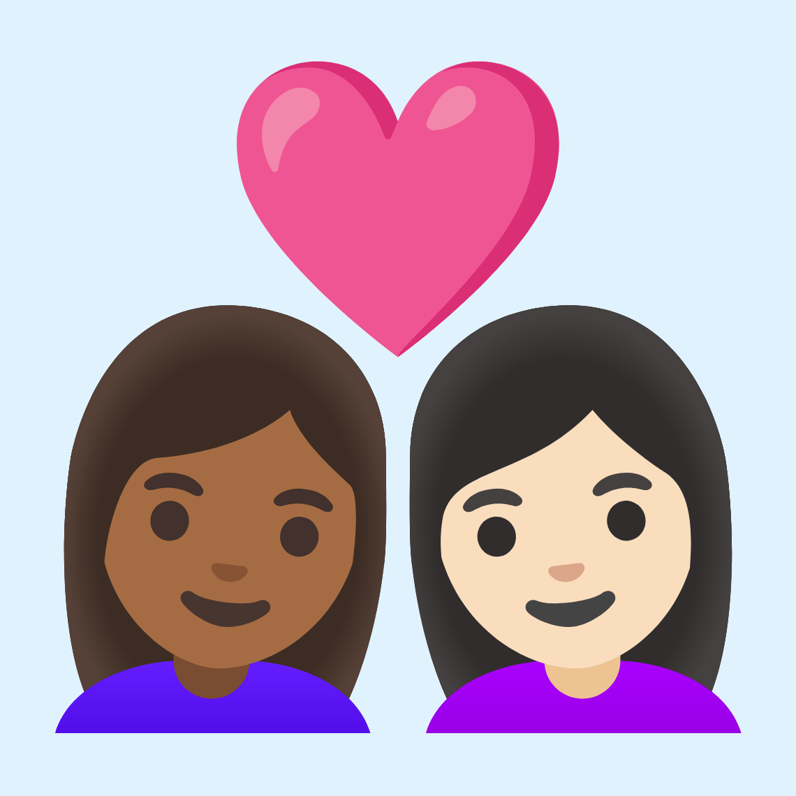 👩🏾❤️👩🏻 Par sa srcem: žena, žena, smeđa boja kože i svijetla boja kože