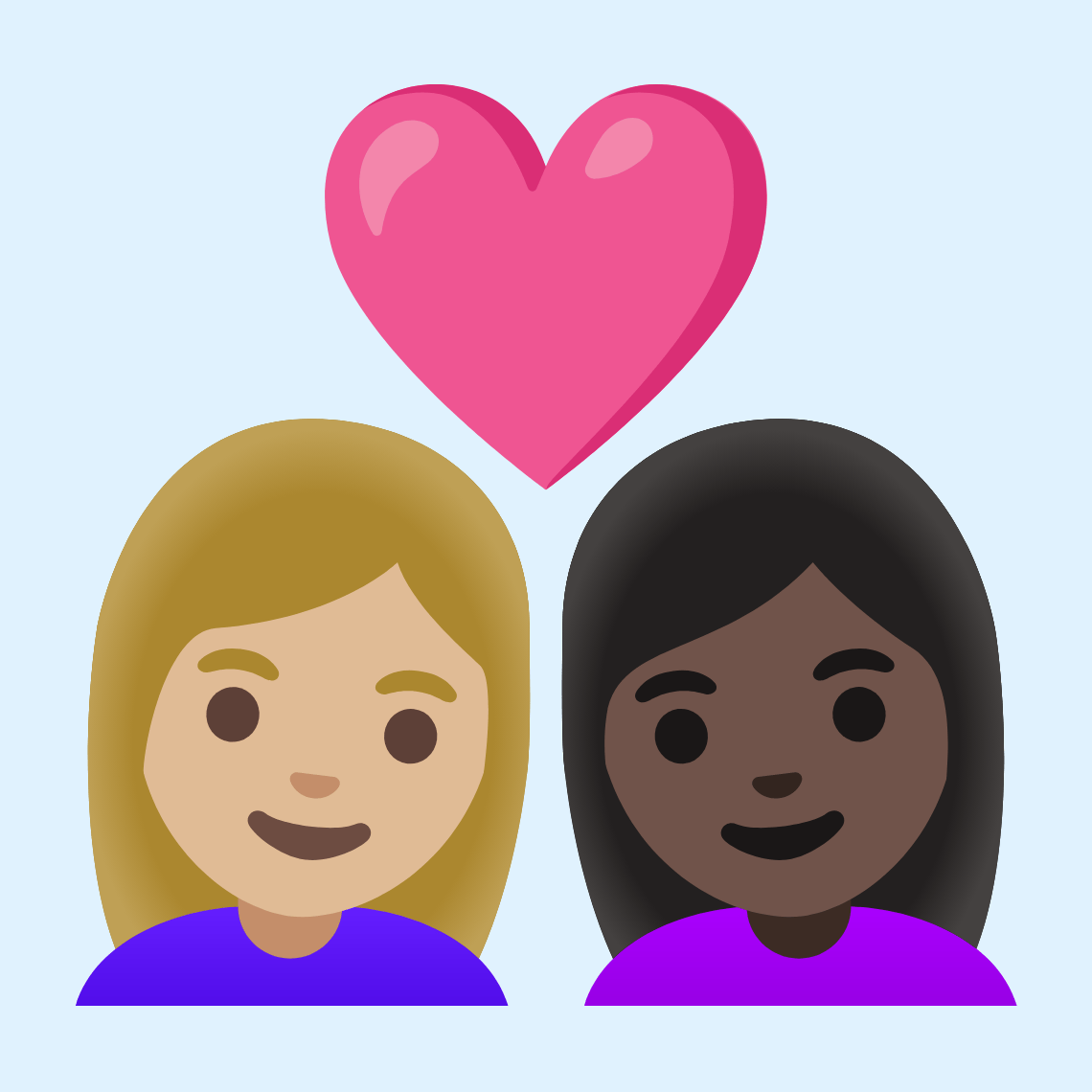π©πΌββ€οΈβπ©πΏ Couple with heart: woman, woman, medium-light skin tone, dark skin tone