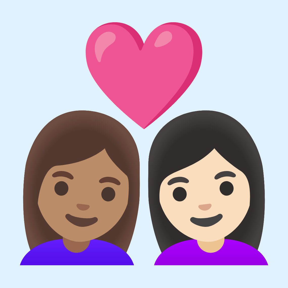 π©π½ββ€οΈβπ©π» Couple with heart: woman, woman, medium skin tone, light skin tone