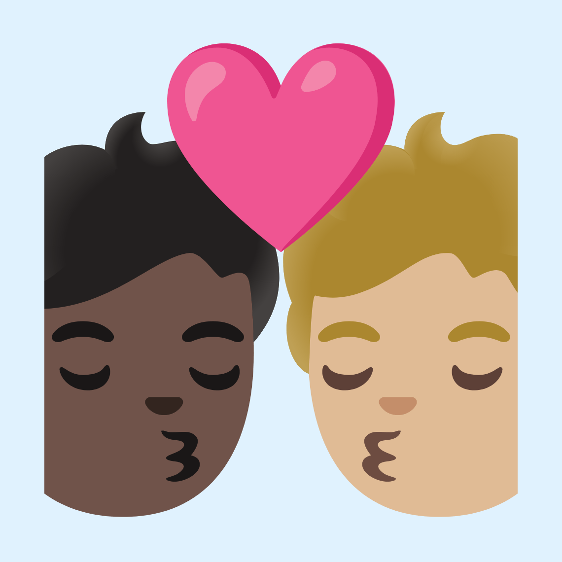 🧑🏿❤️💋🧑🏼 Poljubac: odrasla osoba, odrasla osoba, tamno smeđa boja kože i svijetlo maslinasta boja kože