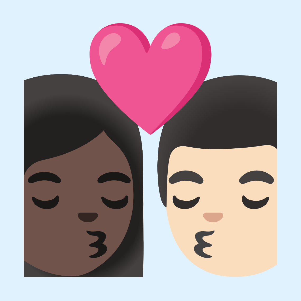 👩🏿‍❤️‍💋‍👨🏻 Kiss: woman, man, dark skin tone, light skin tone