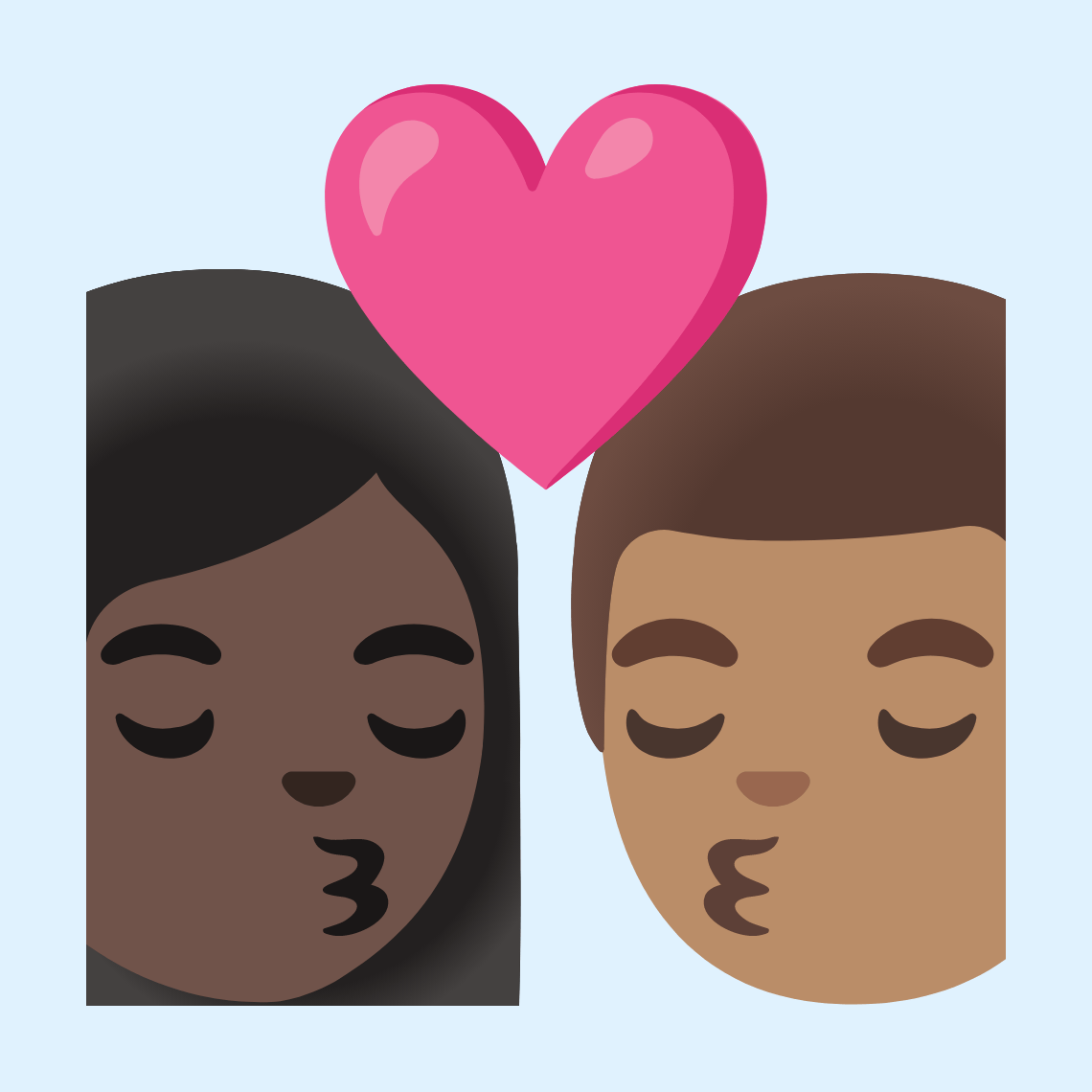 👩🏿‍❤️‍💋‍👨🏽 Kiss: woman, man, dark skin tone, medium skin tone