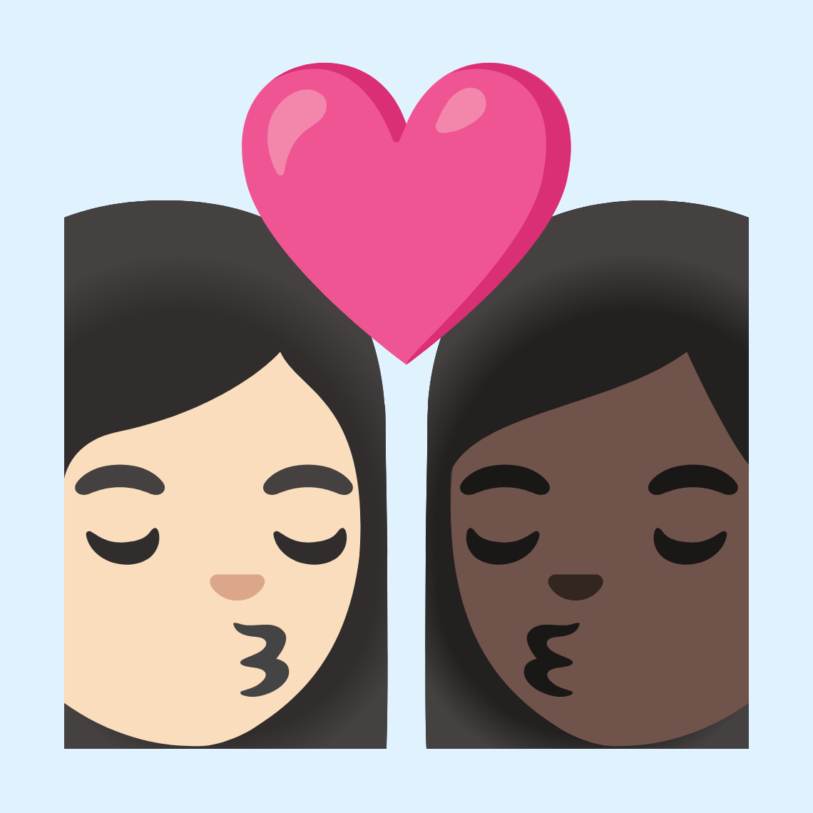 π©π»ββ€οΈβπβπ©πΏ Kiss: woman, woman, light skin tone, dark skin tone