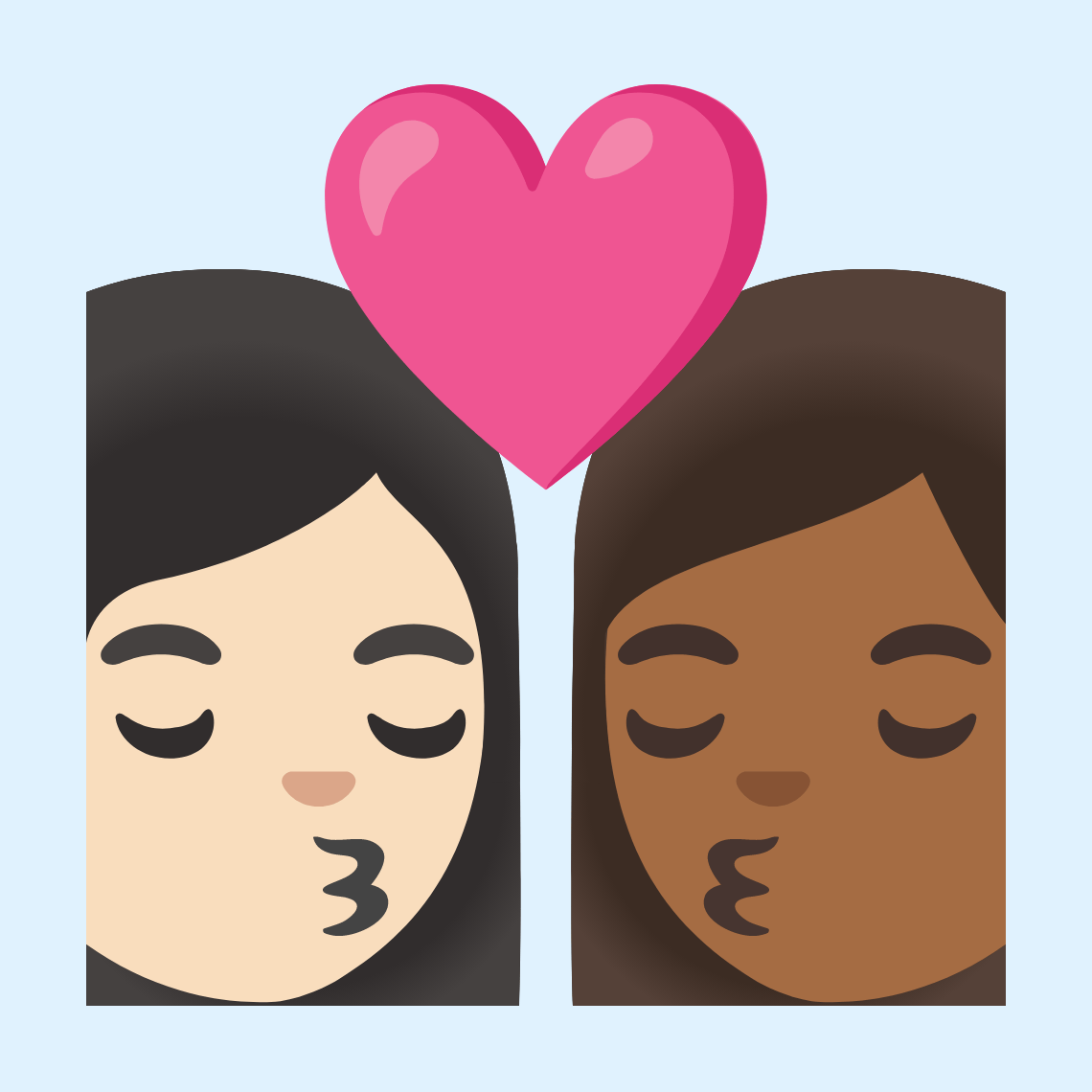 π©π»ββ€οΈβπβπ©πΎ Kiss: woman, woman, light skin tone, medium-dark skin tone