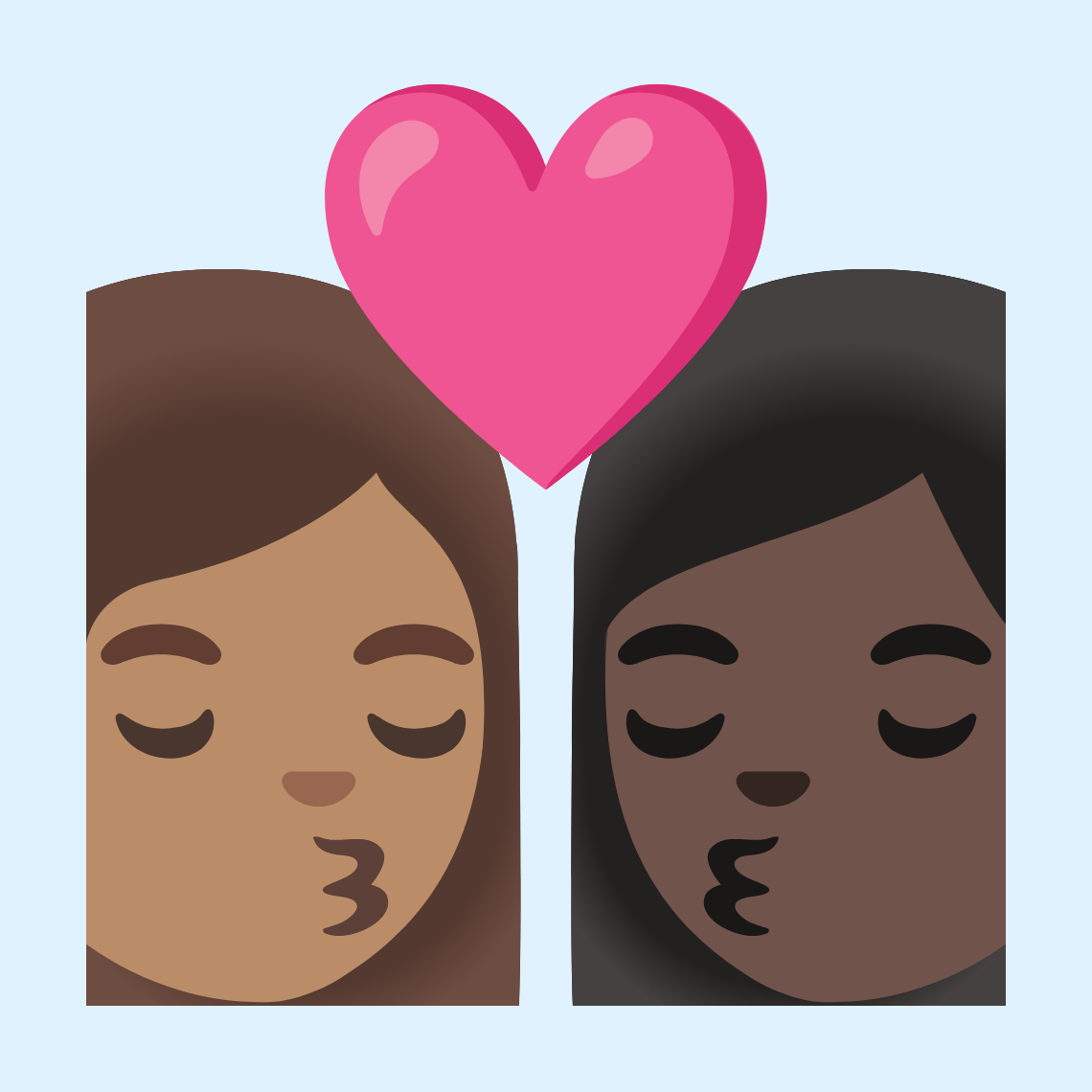 π©π½ββ€οΈβπβπ©πΏ Kiss: woman, woman, medium skin tone, dark skin tone