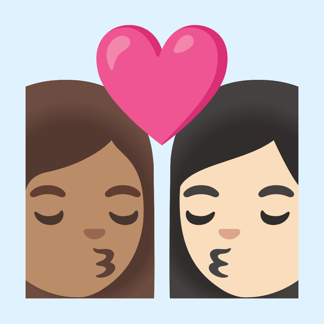 👩🏽❤️💋👩🏻 Poljubac: žena, žena, maslinasta boja kože i svijetla boja kože