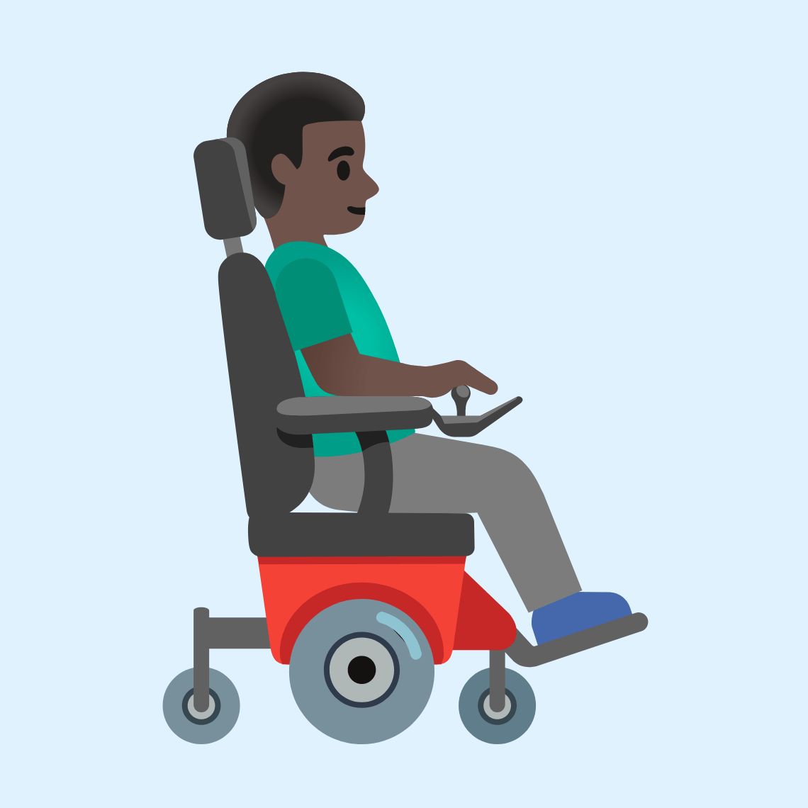 π¨πΏβπ¦Όββ‘οΈ Man in motorized wheelchair facing right: dark skin tone