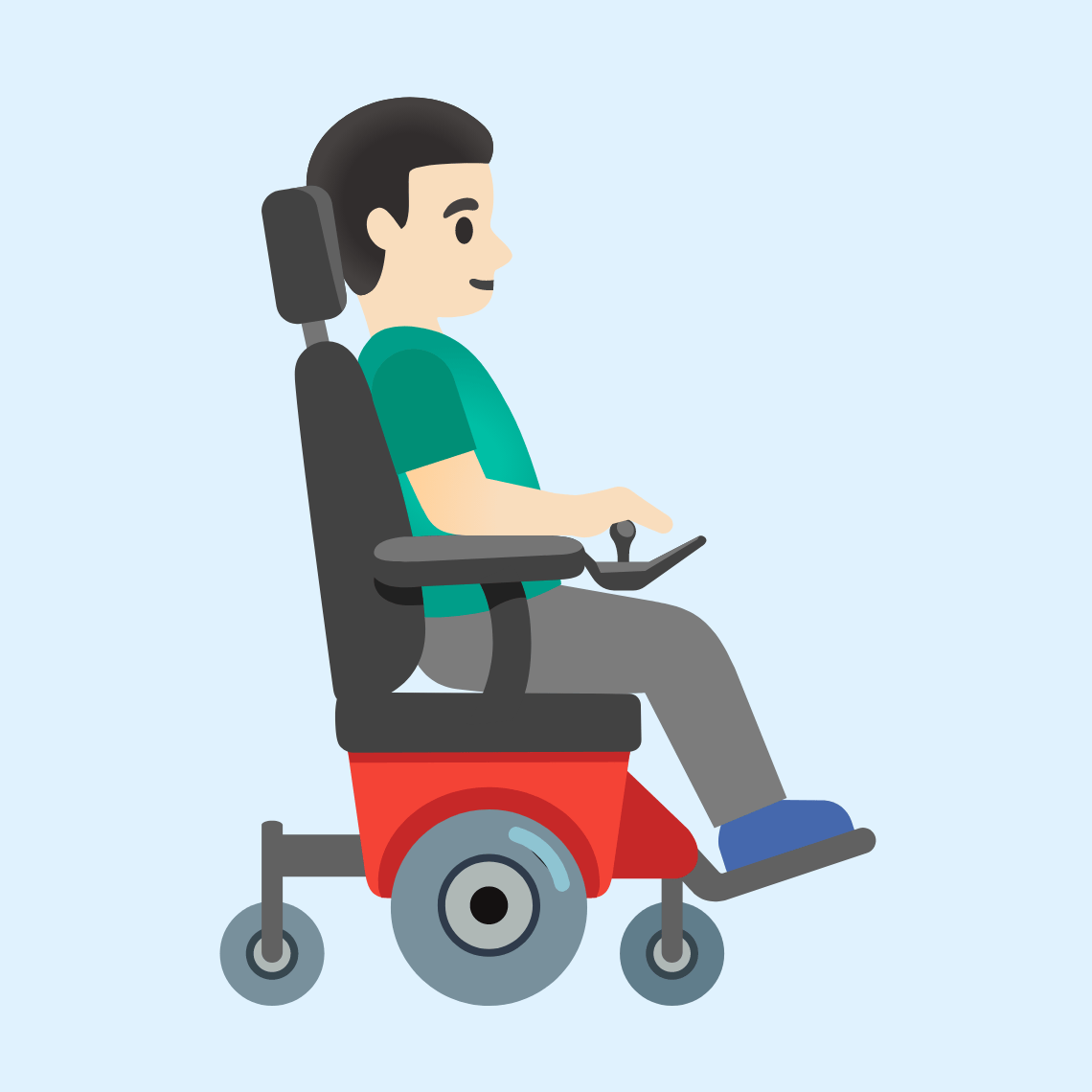 👨🏻🦼➡️ Muškarac u motornim invalidskim kolicima udesno: svijetla boja kože