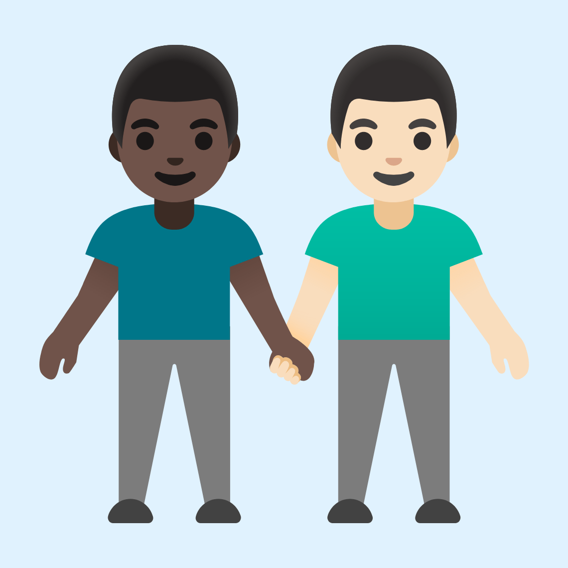 π¨πΏβπ€βπ¨π» Men holding hands: dark skin tone, light skin tone