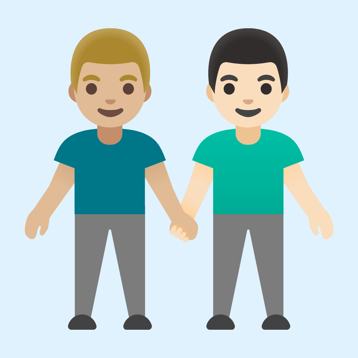 π¨πΌβπ€βπ¨π» Men holding hands: medium-light skin tone, light skin tone