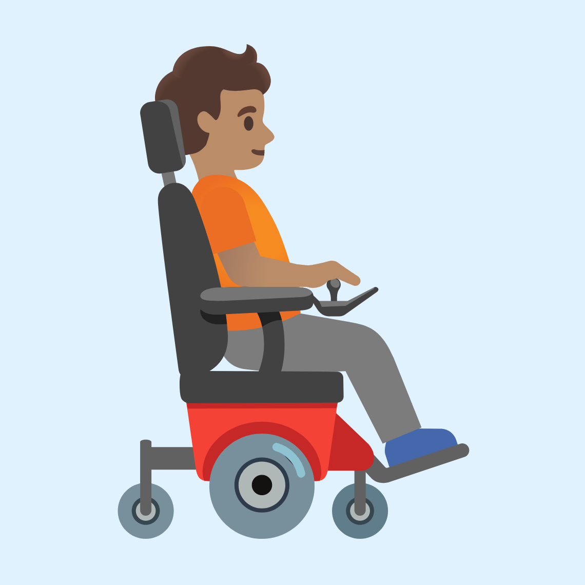 π§π½βπ¦Όββ‘οΈ Person in motorized wheelchair facing right: medium skin tone