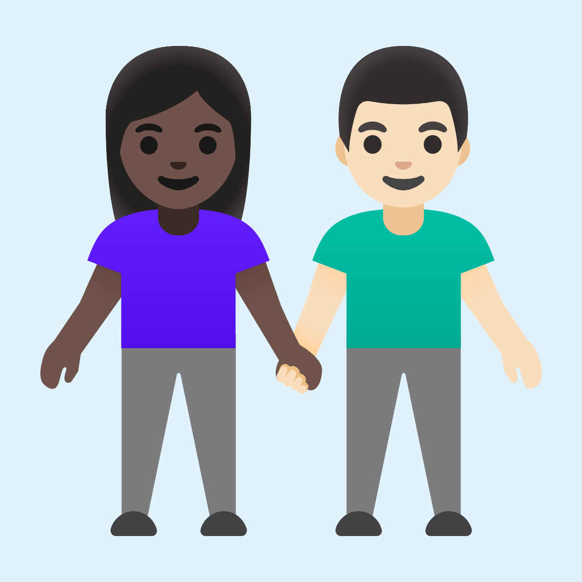 π©πΏβπ€βπ¨π» Woman and man holding hands: dark skin tone, light skin tone