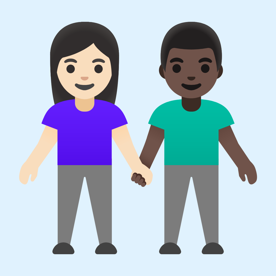 π©π»βπ€βπ¨πΏ Woman and man holding hands: light skin tone, dark skin tone