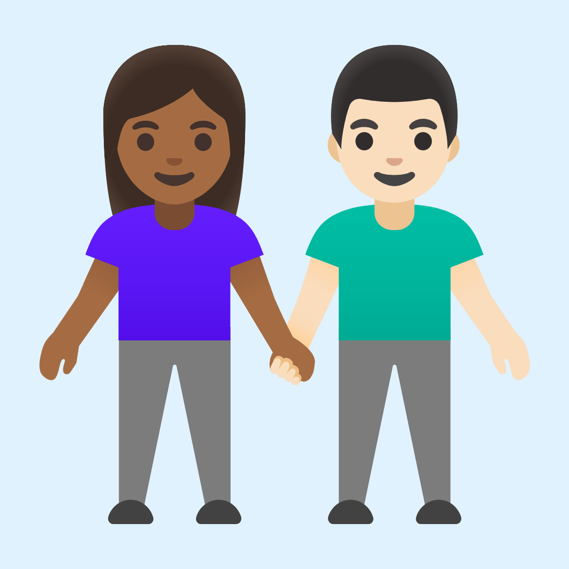 π©πΎβπ€βπ¨π» Woman and man holding hands: medium-dark skin tone, light skin tone