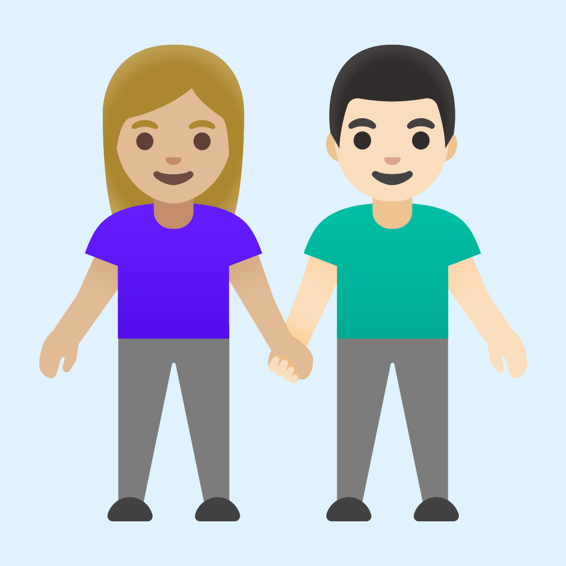 π©πΌβπ€βπ¨π» Woman and man holding hands: medium-light skin tone, light skin tone