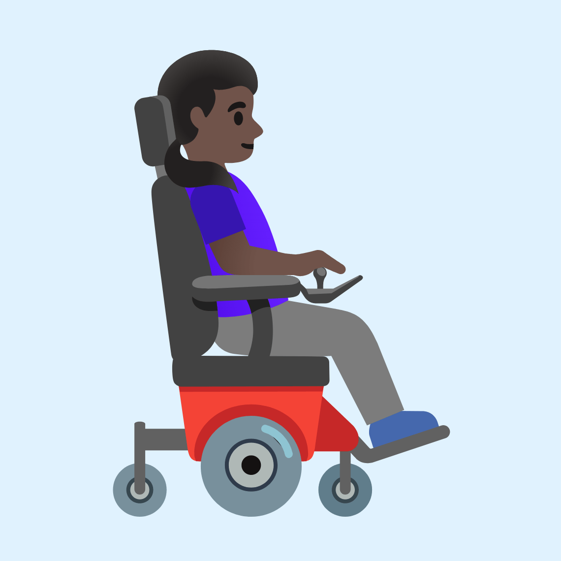 π©πΏβπ¦Όββ‘οΈ Woman in motorized wheelchair facing right: dark skin tone