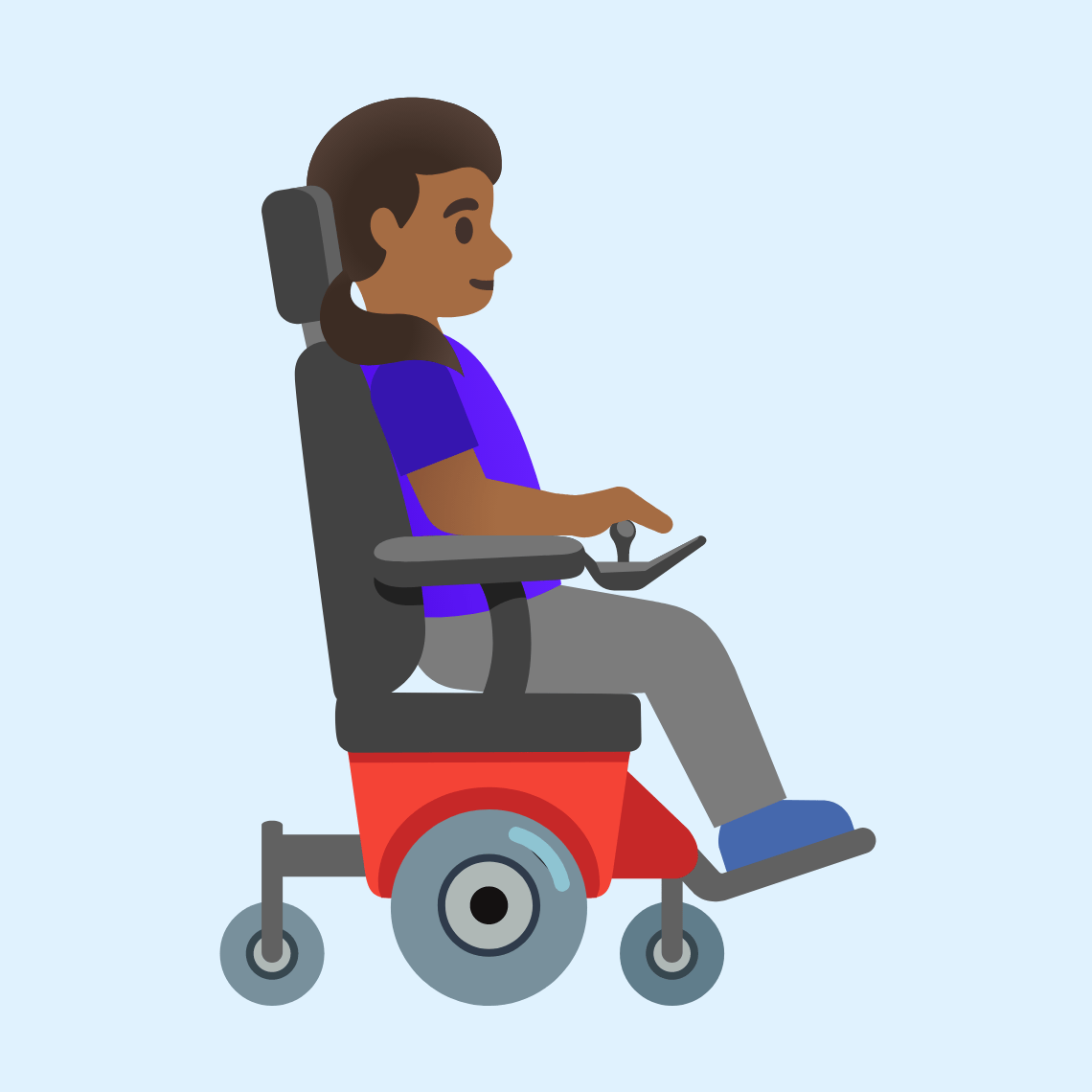 π©πΎβπ¦Όββ‘οΈ Woman in motorized wheelchair facing right: medium-dark skin tone