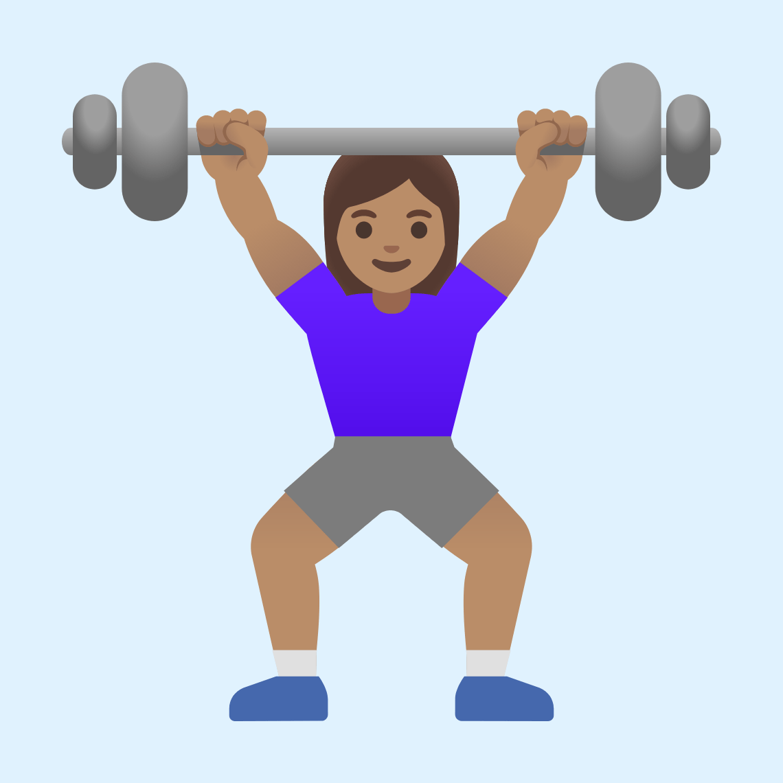 🏋🏽♀️ Žena diže utege: maslinasta boja kože
