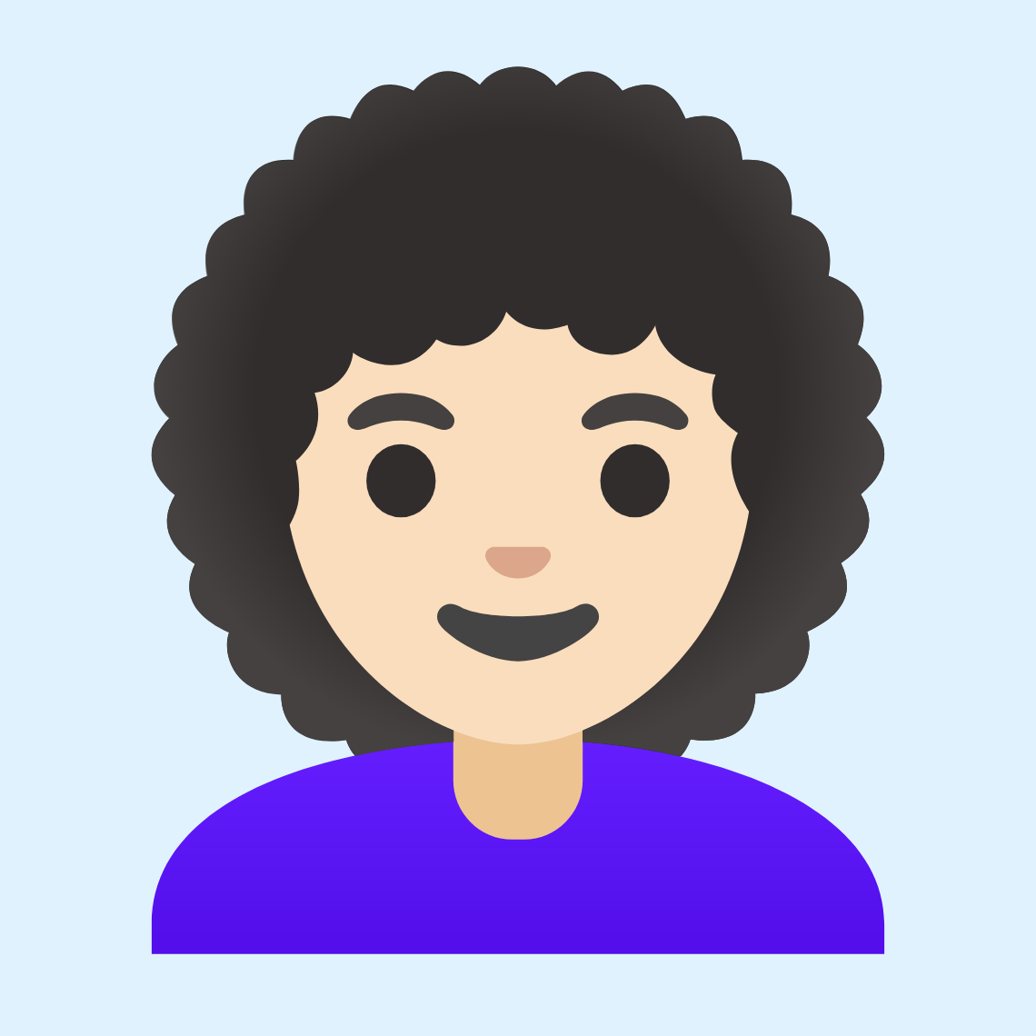 π©π»β𦱠Woman: light skin tone, curly hair