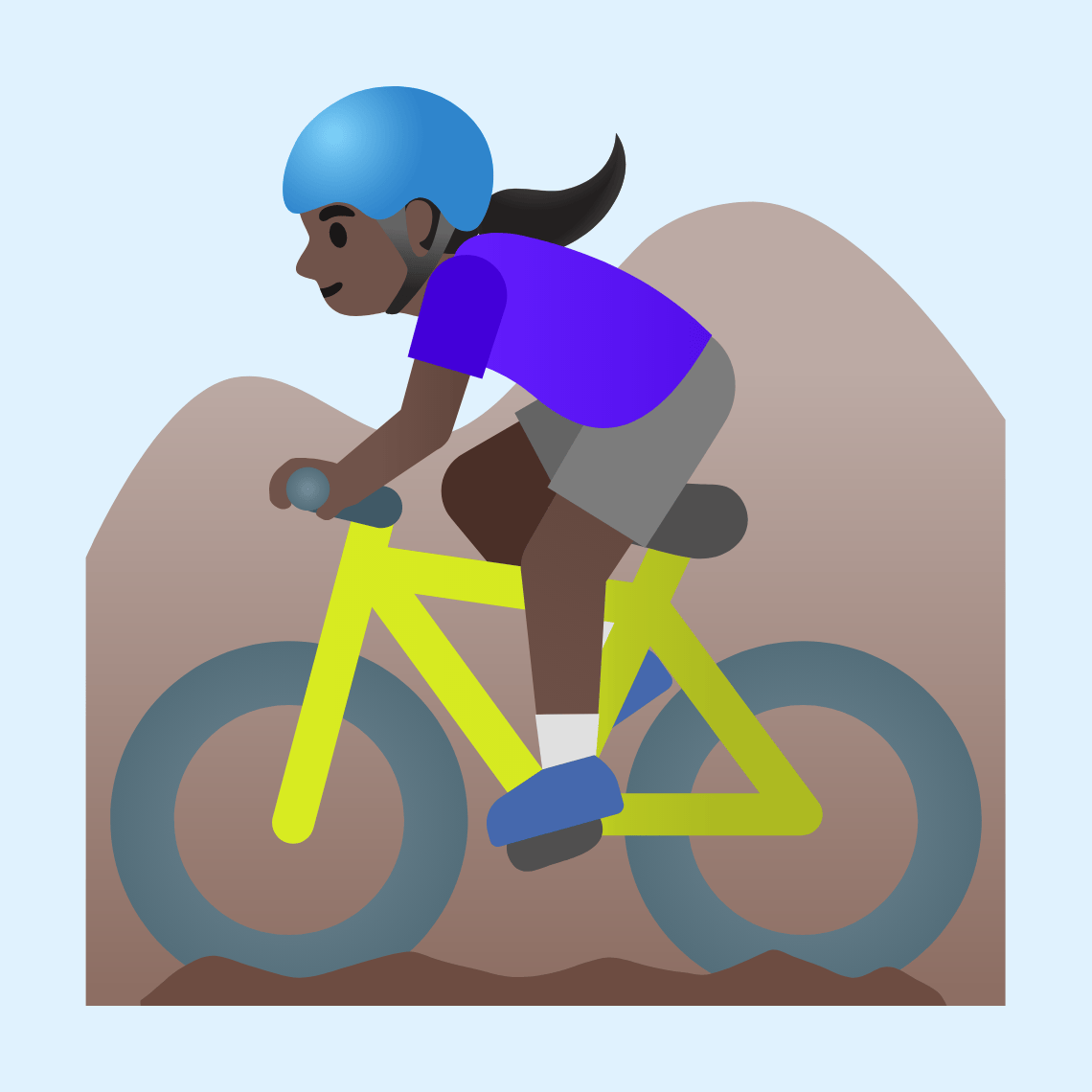 🚵🏿♀️ Žena vozi brdski bicikl: tamno smeđa boja kože
