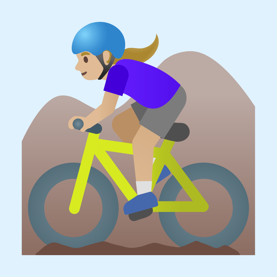 π΅πΌββοΈ Woman mountain biking: medium-light skin tone