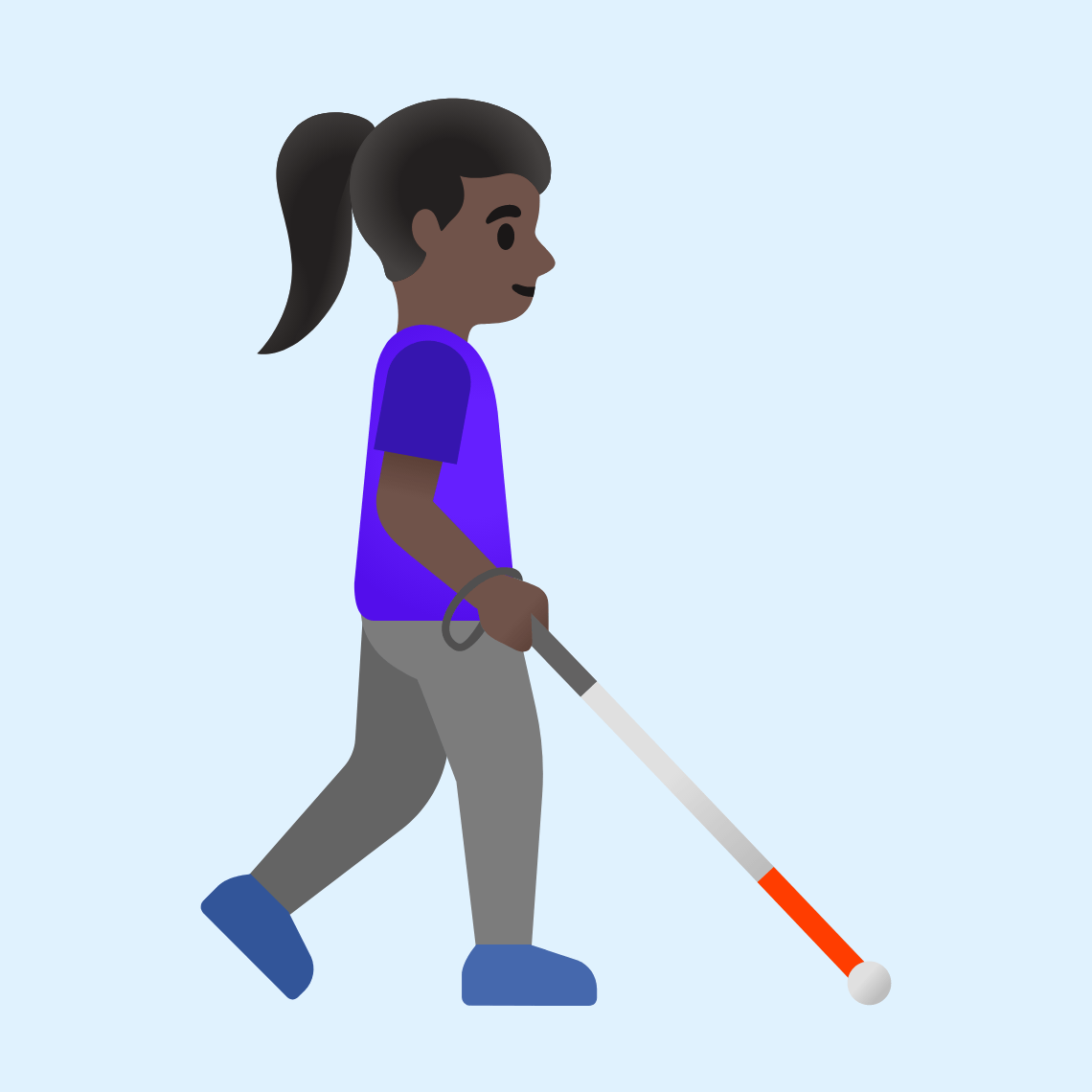 π©πΏβπ¦―ββ‘οΈ Woman with white cane facing right: dark skin tone