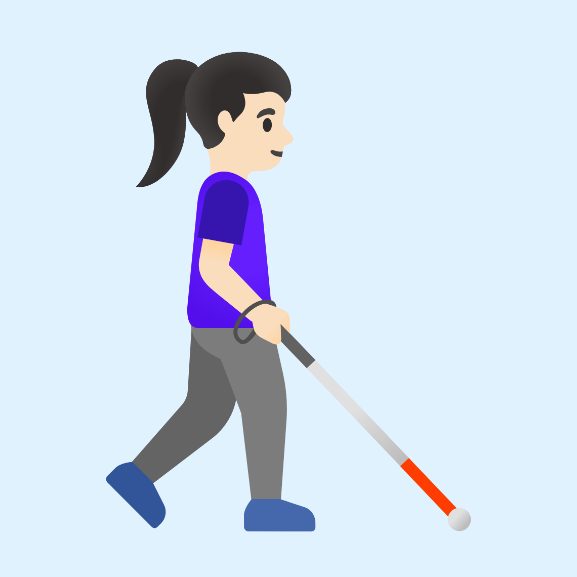 π©π»βπ¦―ββ‘οΈ Woman with white cane facing right: light skin tone