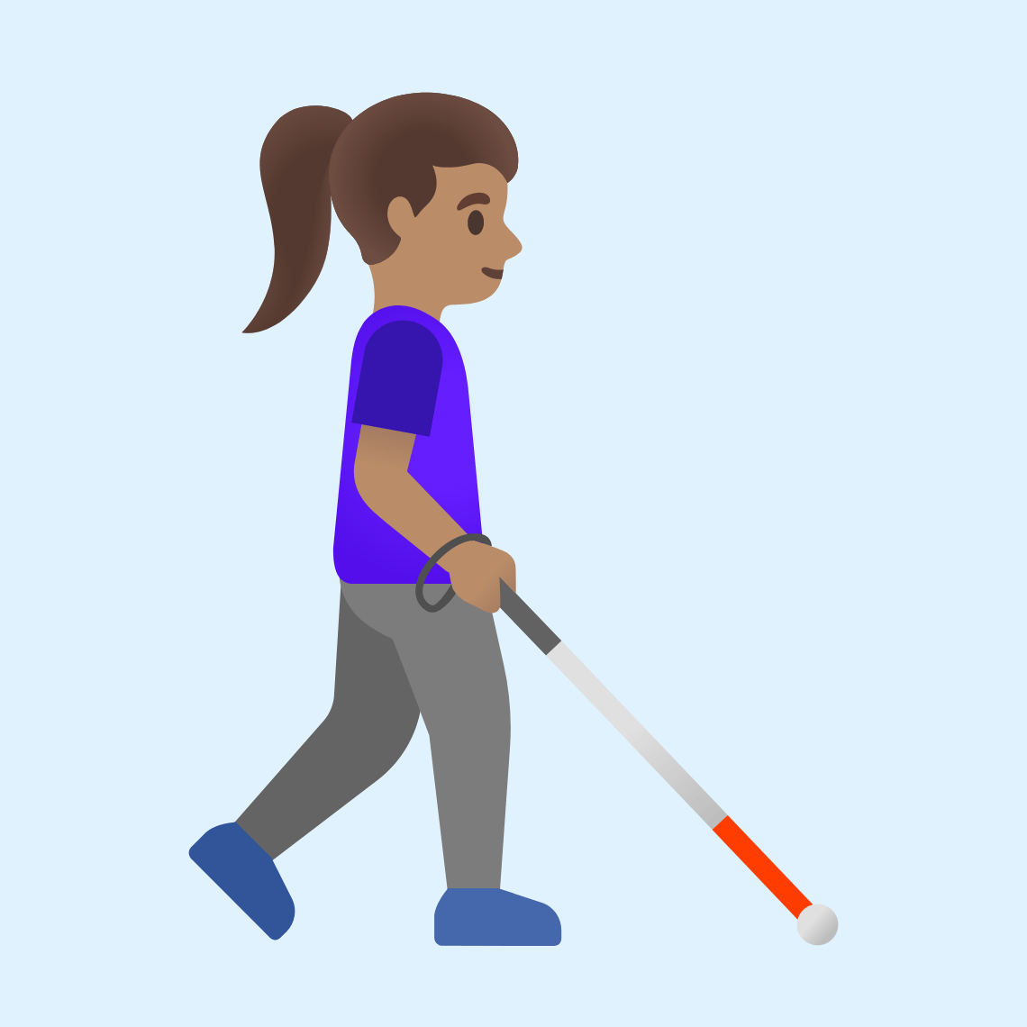 π©π½βπ¦―ββ‘οΈ Woman with white cane facing right: medium skin tone