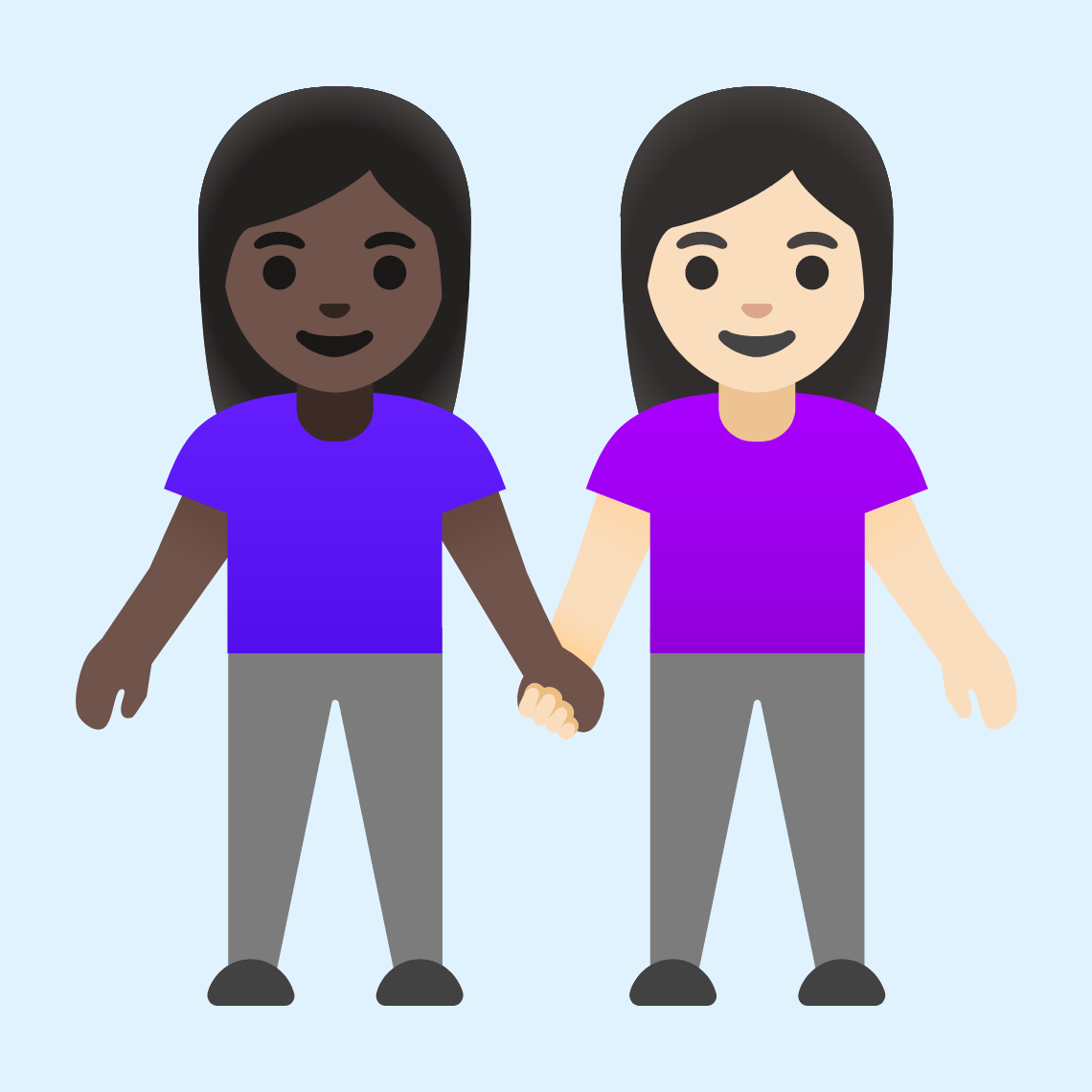 π©πΏβπ€βπ©π» Women holding hands: dark skin tone, light skin tone
