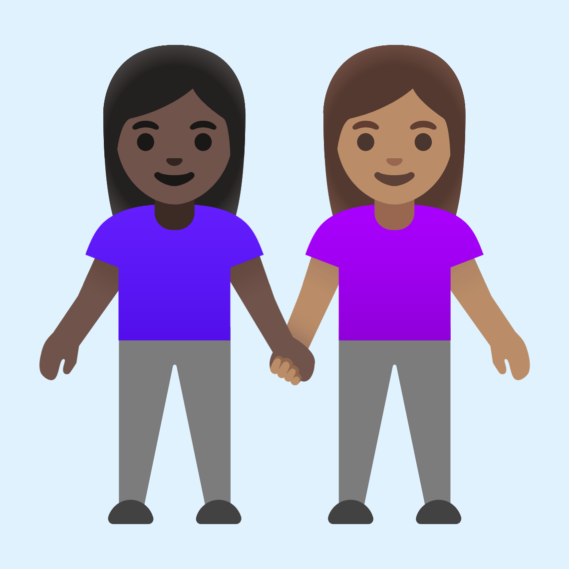 π©πΏβπ€βπ©π½ Women holding hands: dark skin tone, medium skin tone