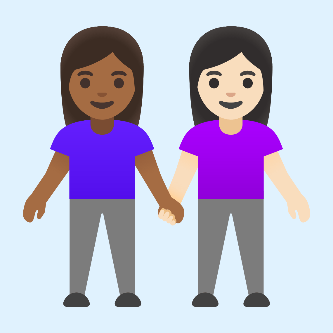 π©πΎβπ€βπ©π» Women holding hands: medium-dark skin tone, light skin tone