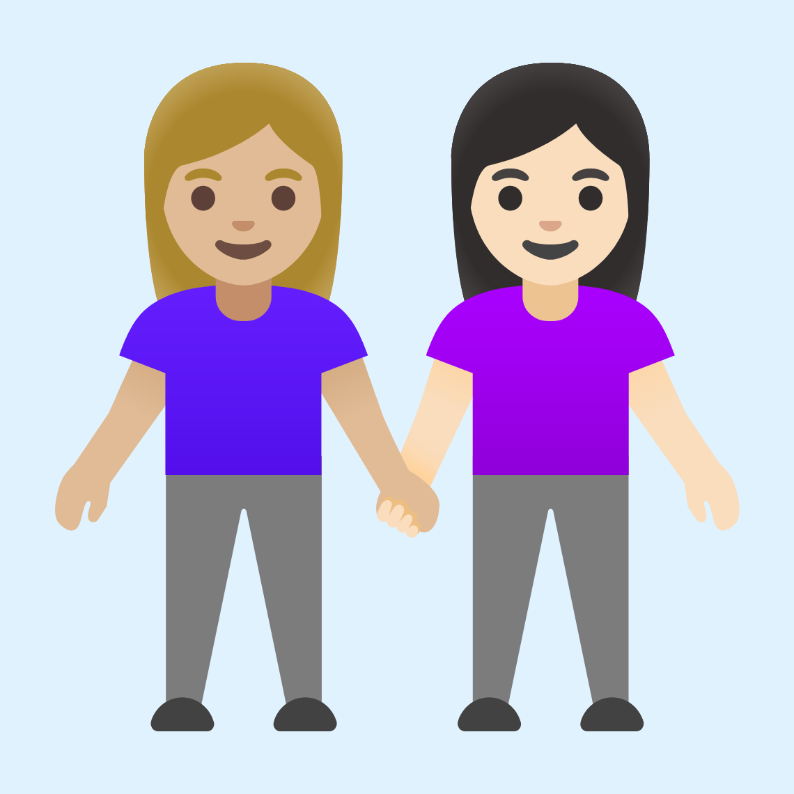 π©πΌβπ€βπ©π» Women holding hands: medium-light skin tone, light skin tone