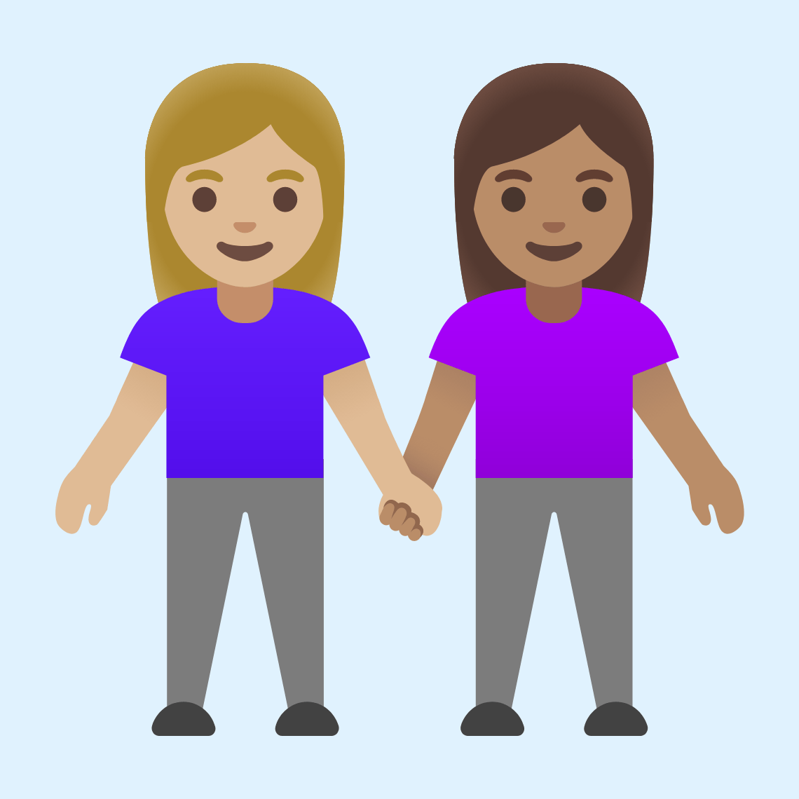 π©πΌβπ€βπ©π½ Women holding hands: medium-light skin tone, medium skin tone