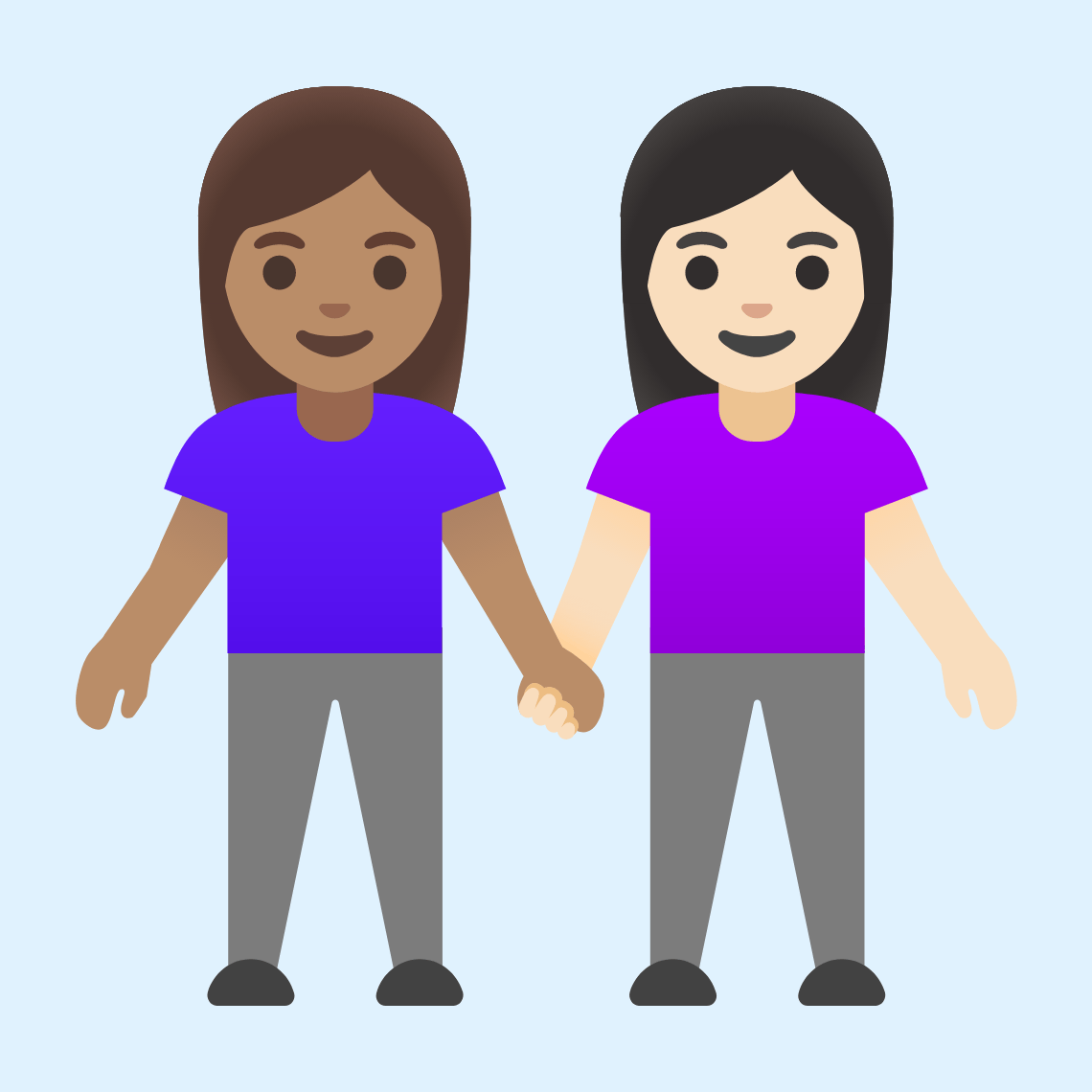 π©π½βπ€βπ©π» Women holding hands: medium skin tone, light skin tone