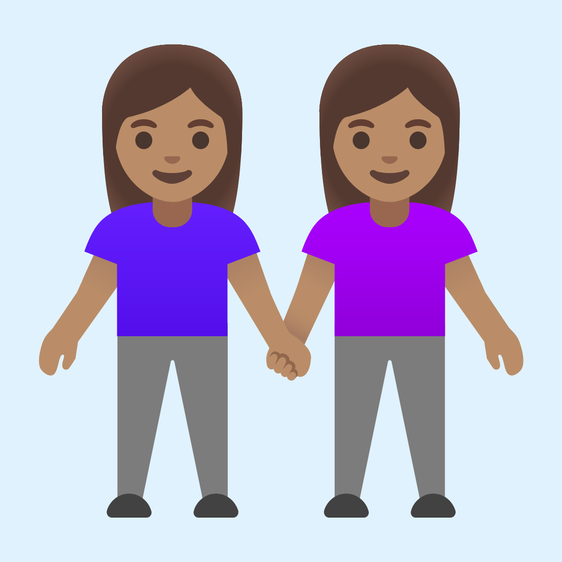 👭🏽 Žene koje se drže za ruke: maslinasta boja kože